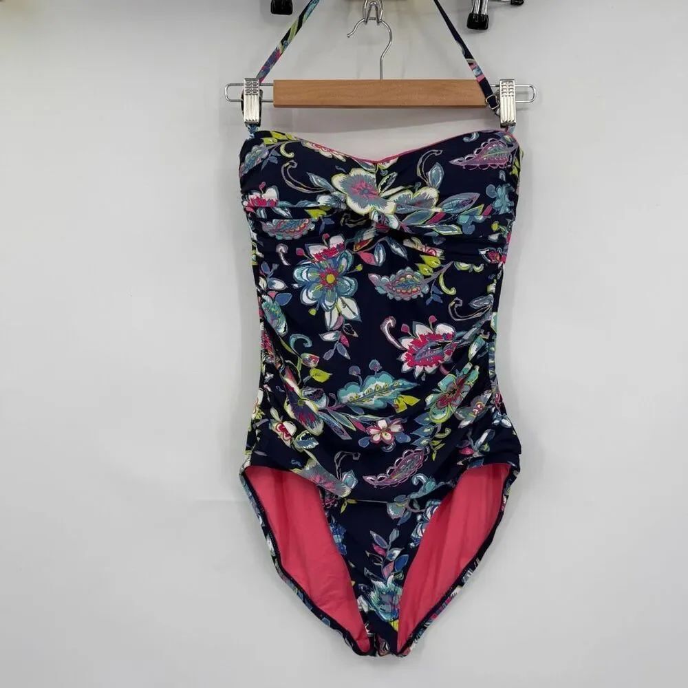 Anne Cole Dark Blue Floral Paisley Twist-Front One-Piece Swimsuit Size 10